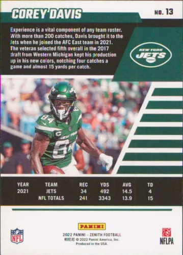 Vista 2 de 2022 Panini Zenith Retail #13 Corey Davis New York Jets Football Card - GotBaseballCards