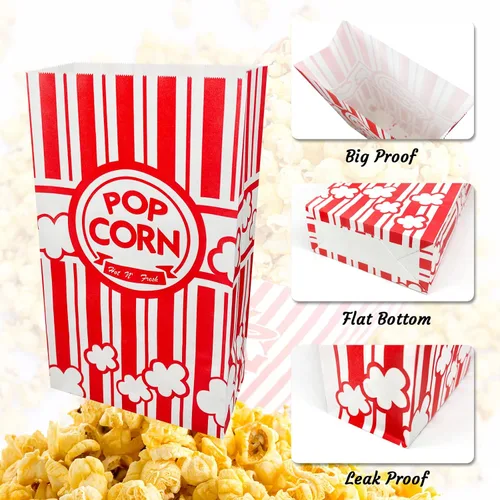 Vista 3 de 50 bolsas de palomitas de maíz de fondo plano, bolsas de papel de 2 onzas para la familia, noche de película, béisbol, carnaval, Navidad, fiesta
