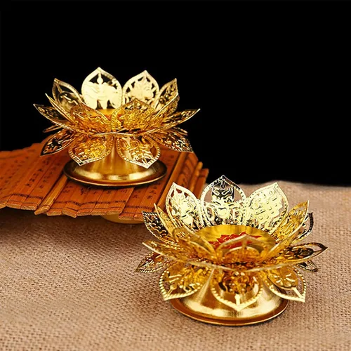 Vista 4 de Diwali Diya Vilakku - Juego de 2 portavelas para Pooja Ghee, portavelas de aceite de Puja indio, Lotus Diya para Diwali Pooja, suministros de altar