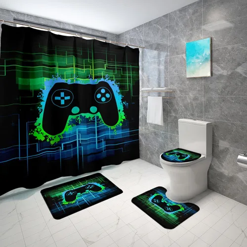 Vista 17 de BATATADOCE Juego de baño Gaming con cortina de ducha y alfombras para niños