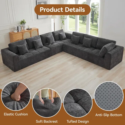 Vista 74 de Sofás seccionales modulares de 110 pulgadas para sala de estar, sofá seccional comprimido sin hueso, sofá de espuma viscoelástica tapizado de 3 Beige