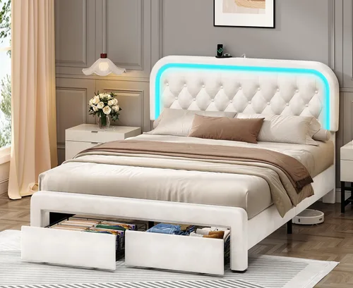 Vista 14 de Marco de cama Queen con cabecero, marco de cama LED tapizado, sin somier Base de cama tapizada tamaño queen con estación de carga tipo C y USB