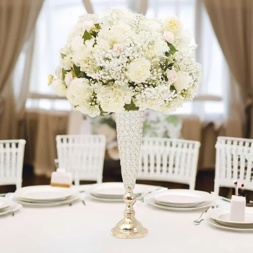 Vista 13 de Efavormart - Juego de 2 jarrones de trompeta con cuentas doradas de cristal para mesa de boda, 23 pulgadas de alto