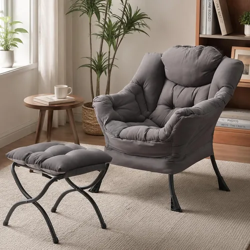 Vista 26 de Silla perezosa con otomana, silla de descanso moderna y grande con reposabrazos y bolsillo lateral, sillón tapizado de ocio con silla de lectura