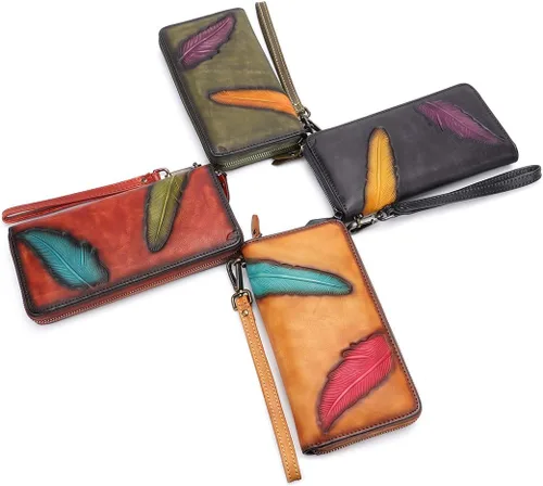 Vista 7 de IVTG Cartera de cuero genuino con cremallera alrededor de la pulsera bolso largo vintage en relieve de piel de vaca capacidad embrague hecho a mano