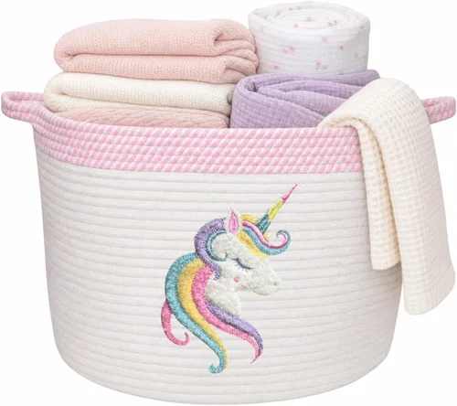 Vista 10 de Cesta de almacenamiento de conejito para bebé, cubo de cuerda de algodón tejido, 15 x 11 pulgadas Stuffed Animal and Blanket Storage, Embroidered
