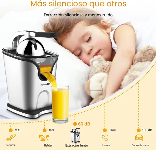 Vista 4 de Healnitor Exprimidor eléctrico de cítricos de 150 W con 2 conos, máquinas extractoras de jugo de naranja silenciosas de acero inoxidable para lima