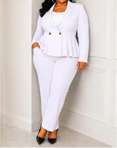 Vista 7 de CXXQ Pantalones tipo blazer peplum de 2 piezas para mujer, talla grande Blanco
