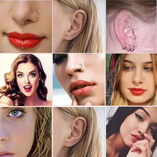 Vista 5 de BOGKU 8 aros de titanio para nariz, septum, con bisagras, 20 G, 18 G, 16 G, diámetro de 0.236in-0.394in, negroplatadoradooro rosa, rosaazulverdearco