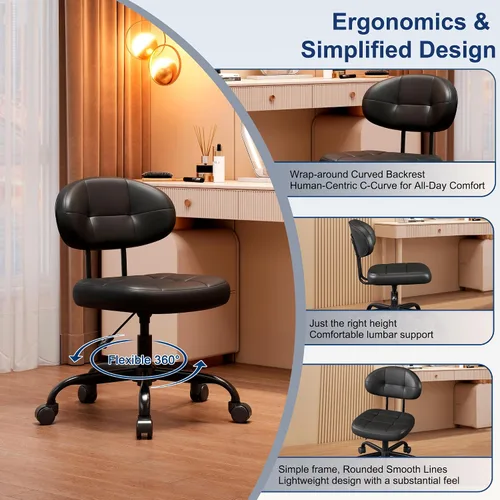 Vista 5 de Misolant Silla de tocador con respaldo, pequeña silla de oficina sin brazos con ruedas y soporte lumbar, cómodas sillas de escritorio de piel Negro