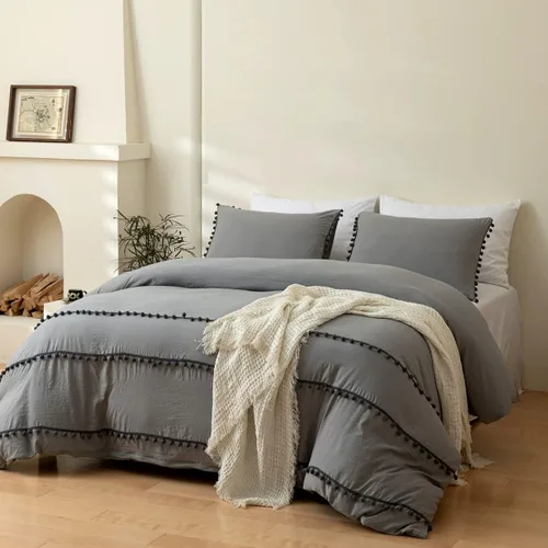 Vista 10 de INFLAG Funda de edredón de tamaño individual con pompones, juego de ropa de cama de microfibra bohemia de 3 piezas, 1 funda de edredón de 66 x 90