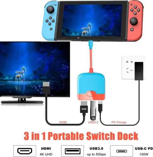 Vista 2 de Switch Dock para Nintendo SwitchOLED, Switch Dock Station para TV Portátil Switch Dock para Nintendo Switch Docking Station con HDMIPDUSB3.0, Switch