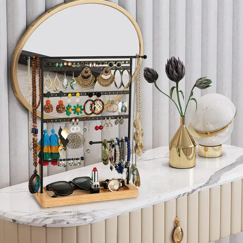 Vista 7 de Bielebbi Organizador de aretes, soporte para pendientes y soporte para joyas con soporte para collar de 4 niveles, bandeja de madera adecuada