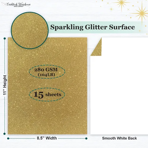 Vista 2 de Cardstock Warehouse Diamond Print Inkjet Glitter - Papel de cartulina con purpurina dorada de alta calidad, 15 hojas, 8.5 x 11 pulgadas, 104