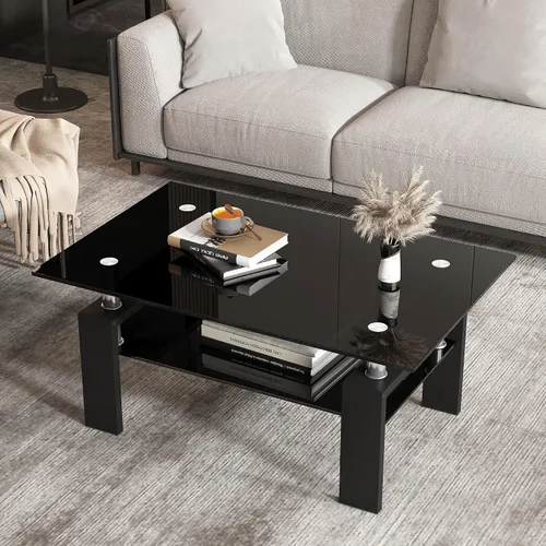 Vista 5 de Juego de 3 mesas de centro de cristal, mesas de sala de estar de 3 piezas con vidrio templado y marco de metal, juegos de mesa auxiliar y mesa Negro
