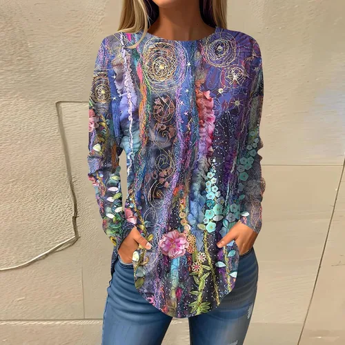 Vista 2 de Tops for Women 2023 Round Neck Printing Sweatshirts Long Sleeve Casual Loose Pullover Tops Lightweight Outfits
