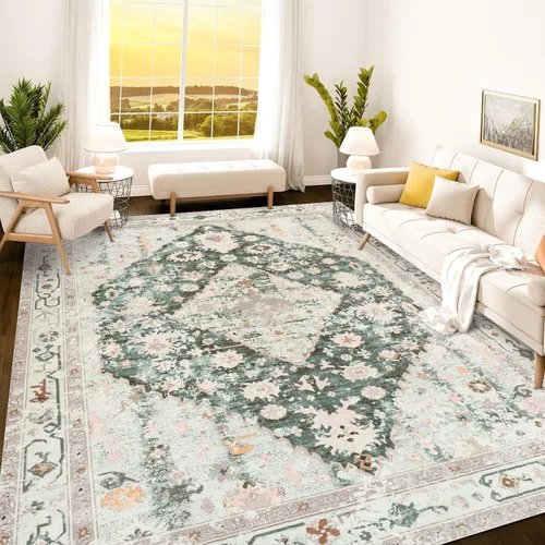 Vista 228 de Istana Alfombra larga antideslizante de 2.5 x 8 para el hogar, para pasillo y cocina, lavable, sedosa y suave al tacto, elegante, color azul y marfil