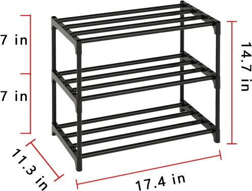 Vista 2 de Organizador de zapatos pequeño apilable de metal, estantes estrechos para armarios de entrada, zapatero con asa (3 niveles negro)