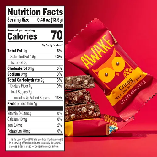 Vista 2 de AWAKE - Bocaditos de chocolate con cafeína - Chocolate con leche crujiente, 50 piezas - 50 mg de cafeína - Dulces envueltos individualmente