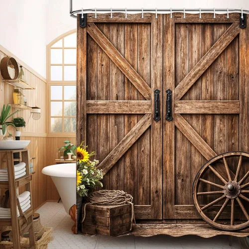Vista 19 de Cortina de ducha de puerta de granero de madera rústica, 60 x 70 pulgadas, beige