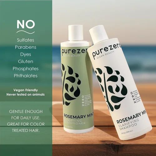 Vista 4 de Purezero Juego de champú y acondicionador sin silicona clarificante de menta y romero - Dúo vegano para cuero cabelludo equilibrado, eliminación