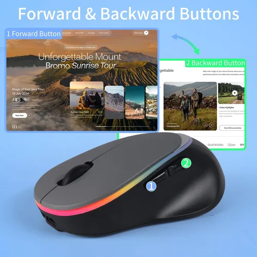 Vista 5 de Ratón ergonómico inalámbrico Bluetooth con luz LED RGB, ratones de computadora portátiles silenciosos recargables de modo dual con receptor USB