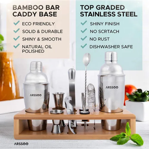 Vista 8 de Mixology Bartender Kit de 16 piezas de coctelera de acero inoxidable de alta calidad y elegante soporte de bambú Perfecto para mezclar bebidas