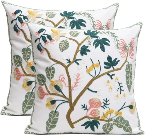 Vista 21 de Pack of 2 Embroidered Decorative Throw Pillow Cover 18x18 Inch Farmhouse Floral Pillowcase for Living Room Sofa Bed (Big Pumpkin)