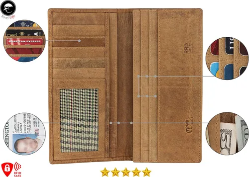 Vista 2 de Mou Meraki Cartera larga plegable de cuero genuino para hombre con bloqueo RFID