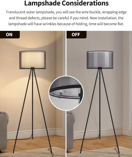 Vista 4 de KDG Lámpara de pie moderna, lámpara de trípode alta para sala de estar, dormitorio, oficina; pantalla de tela, bombilla LED, luz cálida (negro)