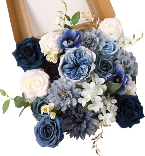Vista 11 de Caja de flores artificiales azul marino, rosas de dalias de seda con tallos para manualidades, ramos de boda, centros de mesa, arreglos, decoración