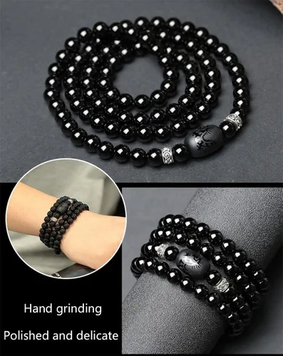 Vista 4 de Pulsera de obsidiana de cristal grabado con dragón o fénix totem cilindro cuentas hombres o mujeres cadena de piedra natural famosa moda 12MM 10MM