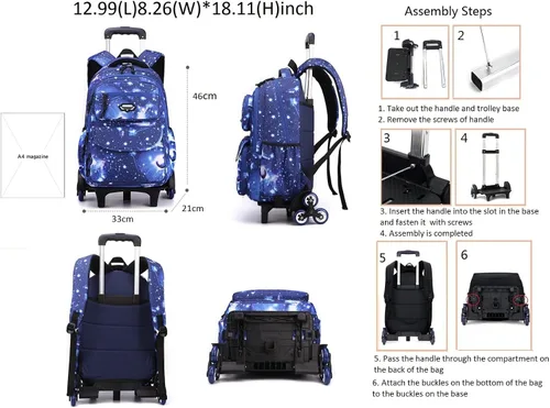 Vista 2 de Mochila escolar con ruedas para niños y niñas, con 6 ruedas, Estilo E 6 Ruedas Rosa, Moderno