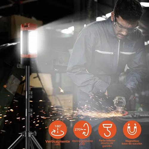 Vista 6 de Luz de campamento recargable de 12000 mAh con soporte ajustable, luz de trabajo inalámbrica con 3 cabezales de lámpara LED, linterna de emergencia