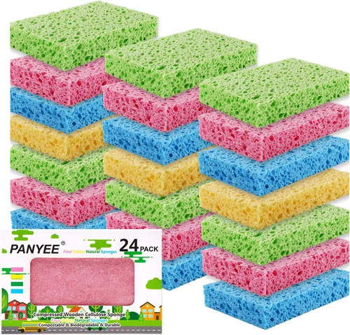 Vista 10 de Esponjas de cocina de celulosa comprimida, paquete de 12 unidades, biodegradables y coloridas, no rayan, para limpiar platos, divertida esponja