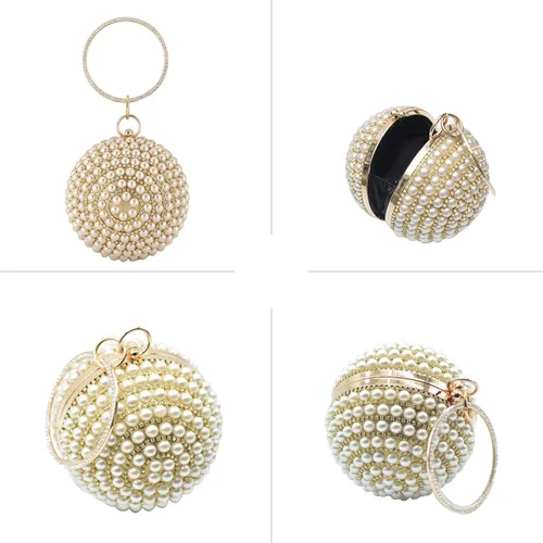 Vista 7 de Bolso de mano redondo para mujer, con diamantes de imitación, bolso de noche con cuentas de perlas