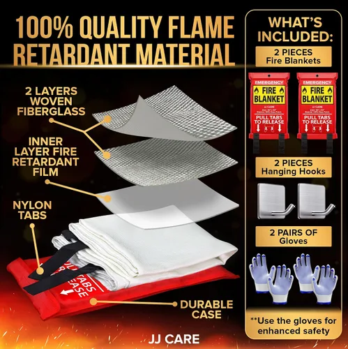 Vista 2 de JJ CARE Manta contra incendios – 2 paquetes con ganchos y guantes – Manta de emergencia contra incendios para el hogar y la cocina, mantas