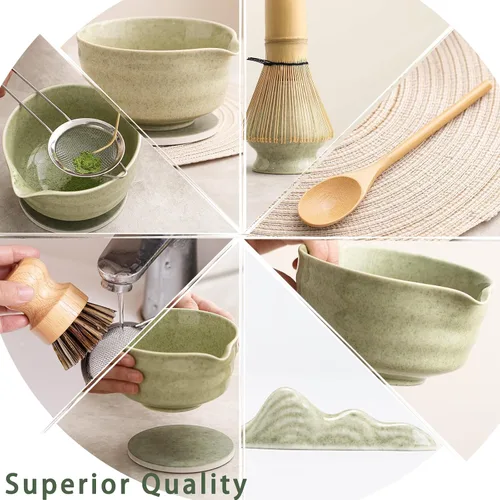 Vista 3 de Ochcahser Set de Té Matcha Japonés, Tazón de Matcha con Pico y Base, Batidor de Matcha con Soporte, Colador, Cuchara, Cucharón, Cepillo de Limpieza