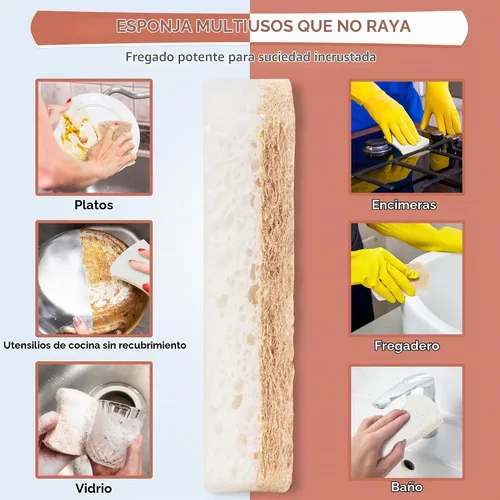 Vista 3 de Esponja natural para platos, paquete de 48, esponja exfoliante antiarañazos, esponja ecológica multiusos de fibra de sisal de cocina, esponja