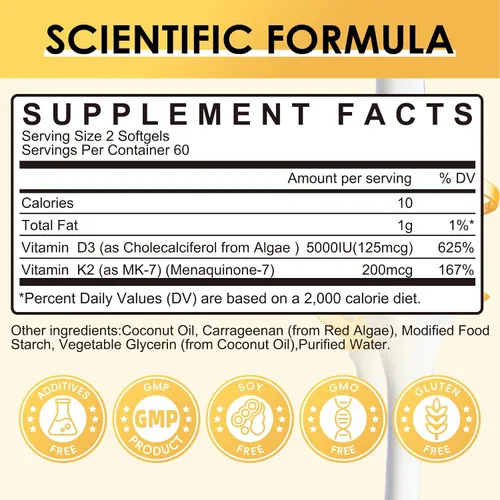 Vista 2 de Suplemento de Vitamina D3 K2 con Vitamina D3 5000 UI, 200 mcg de Vitamina K2 MK-7 y Aceite de Coco Natural, Fórmula 2-1 a Base de Plantas