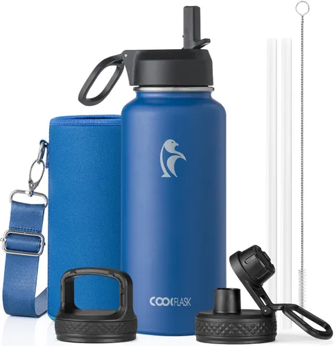 Vista 66 de Coolflask Botella de agua de 20 onzas aislada con pajilla, 3 tapas de metal de acero inoxidable, botella de agua de boca ancha para deportes u