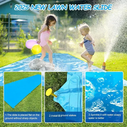 Vista 3 de Tobogán de agua antideslizante, tobogán de agua extra largo de 30 pies para niños y adultos con 2 bodyboards, toboganes de agua deslizantes