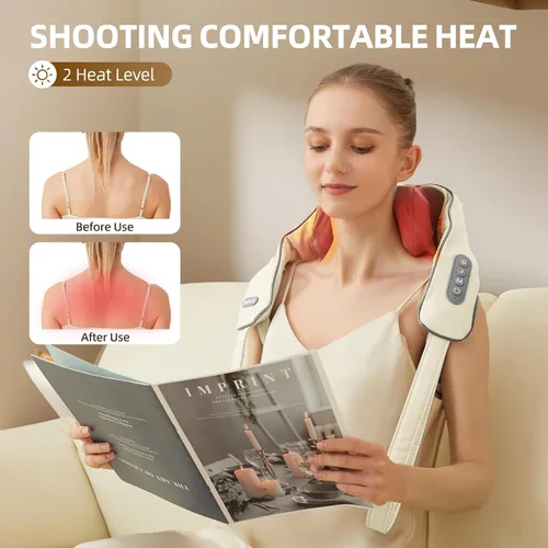 Vista 5 de Masajeador Shiatsu inalámbrico de cuello y hombros con calor - Masaje de amasamiento 6D, alivio del dolor de tejido profundo para trapecio, Beige-PVC