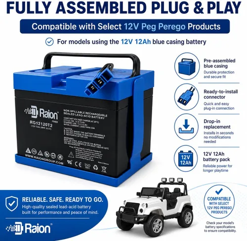 Vista 4 de Raion Power Batería de 12 V 12 Ah para Peg Perego Ride-On Toys, SLA AGM Blue Plug-and-Play de repuesto con arnés para John Deere Gator, tractor