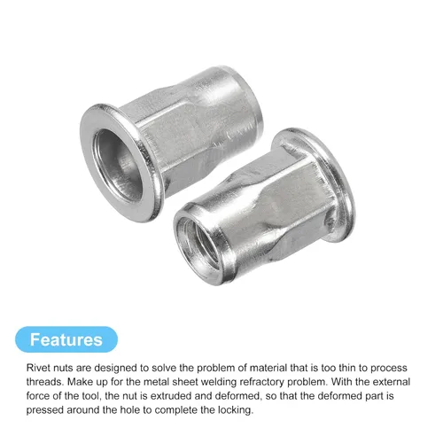 Vista 4 de uxcell M4 - Tuercas de remache de cuerpo hexagonal, 60 tuercas roscadas de cabeza plana de acero inoxidable 304 para metal, plástico