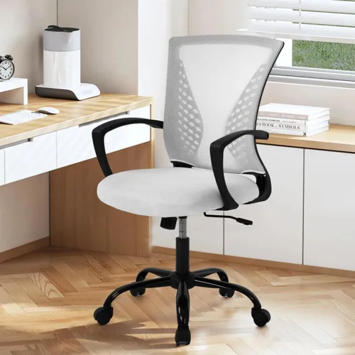 Vista 13 de Silla de oficina de malla con ruedas, silla de escritorio ergonómica de respaldo medio con brazos y soporte lumbar, cómoda silla de computadora