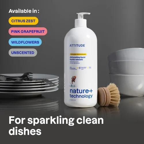 Vista 2 de ATTITUDE Jabón para Platos, Verificado por EWG, Líquido para Lavar Platos a Base de Plantas y Vegano, De Origen Natural, Aroma a Ralladura