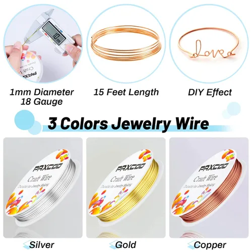 Vista 4 de Paxcoo Paquete de 3 alambres de joyería para manualidades, calibre 18, resistentes al deslustre, para suministros de fabricación de joyas