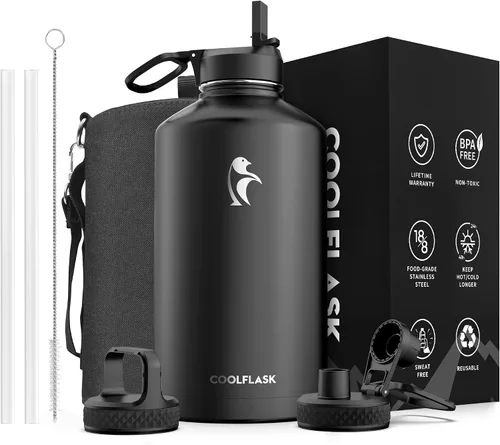 Vista 73 de Coolflask Botella de agua de 20 onzas aislada con pajilla, 3 tapas de metal de acero inoxidable, botella de agua de boca ancha para deportes u