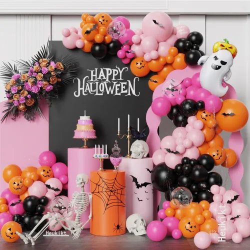 Vista 8 de Kit de arco de guirnalda de globos de Halloween Little BOO, 151 piezas de globos de látex blanco retro naranja quemado negro con globo de aluminio